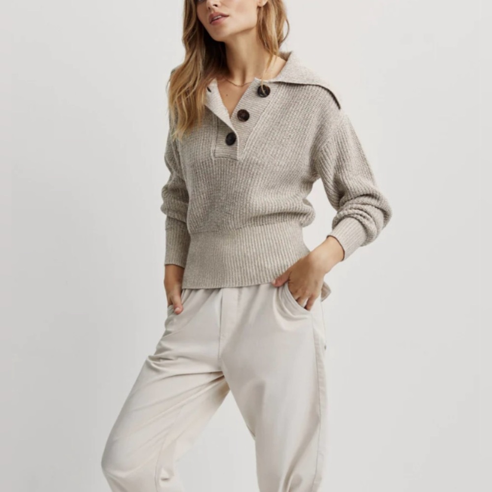 Varley Audrey Knit Polo Sweater Olive Sand S Elevated Athleisure Coastal Neutral
